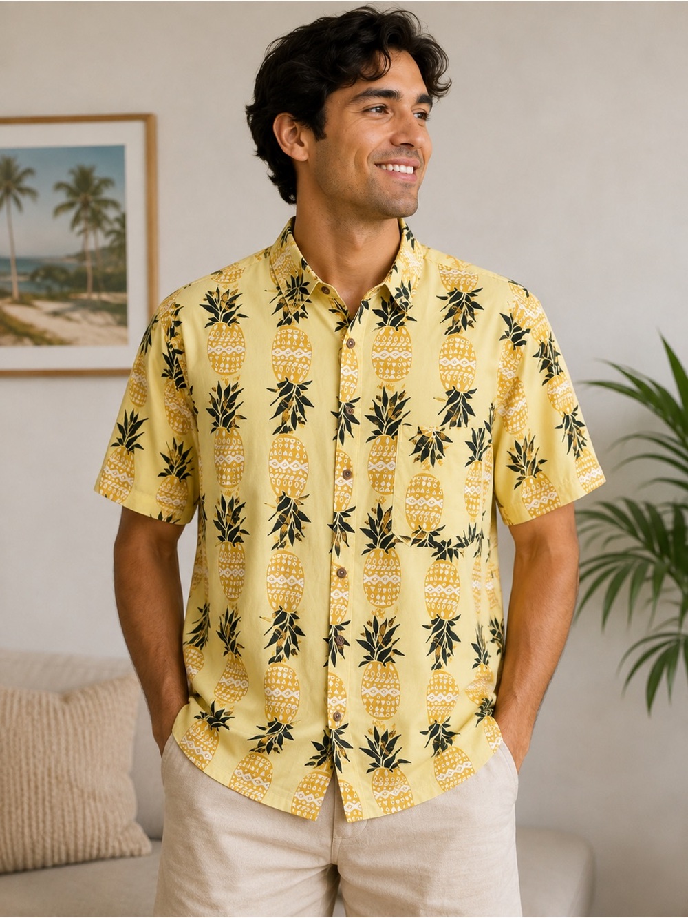 Coconut Connection Men’s M Pineapple Hawaiian Shirt Tropical Button Up
